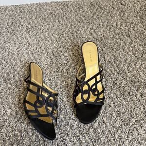 VTG Tahari Kitten Heel Strappy Sandals Womens 9.5 M Black Satin 90s Y2K Slip On